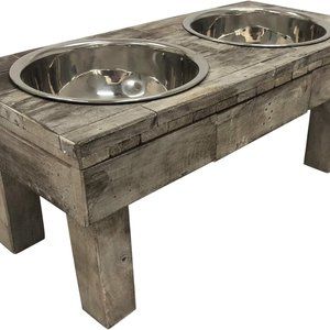 Equestrian Pet Table Elevated Double Bowl Pet Feeder, Brown Wash (Large)